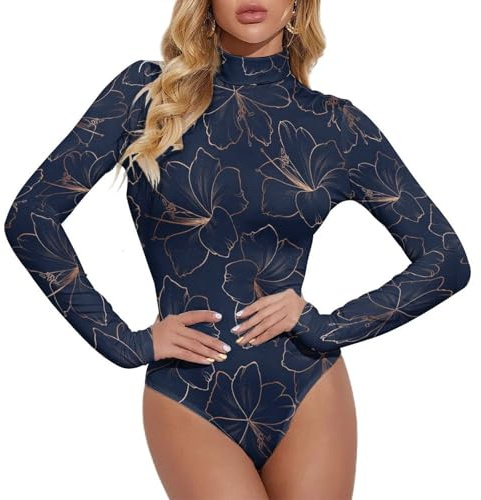 Body à manches longues pour femme – Cuivre doré brillant contour fleur de lys col roulé combinaison haut combinaison pour femme, Style 9, Large