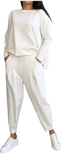 Conjunto casual para mujer, color liso, cuello redondo, bolsillo fino, conjunto de pantalones para mujer, overol elegante para negocios, ropa de calle fluida, ligero, súper suave, traje casual, blanco