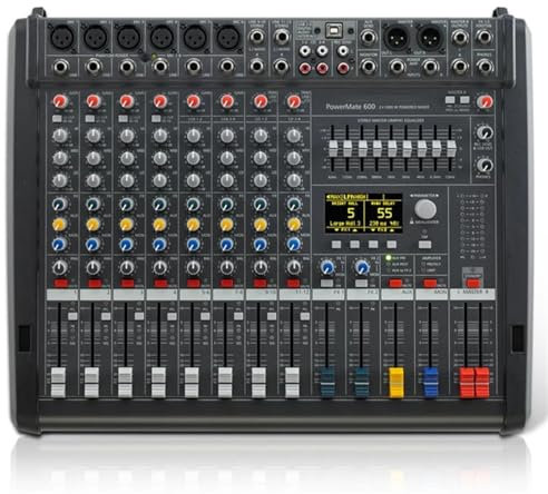 ksxnkhk Controlador de DJ 1:1 Powermate PM600-3 Consola mezcladora de Audio de Potencia 2 * 1000W 4Ω Mezcladora Profesional amplificada 6+2 Canales para DJ Kit de Inicio para DJ de escenar