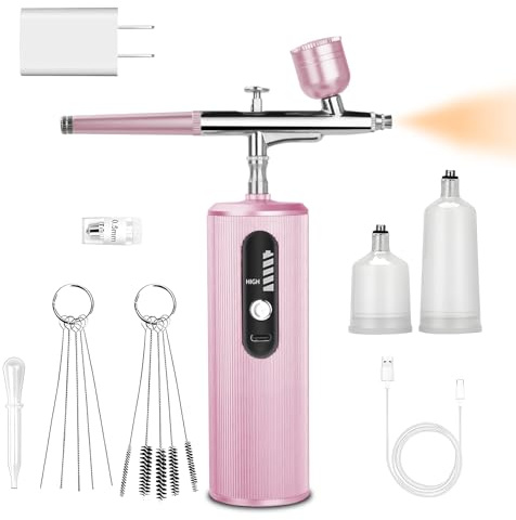Daakro 48PSI Dubbel action-airbrush-pistol, uppladdningsbar trådlös kompressor luftborste med 0,3 mm munstycke, sprutpistol med kompressor för konst, smink, kaka modellering målning (rosa)