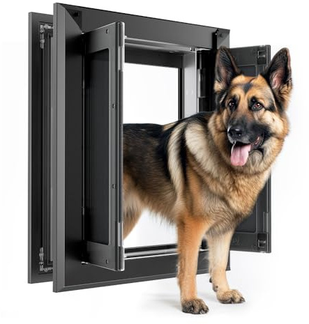 【PATAPLUS】 Aluminum French Large Dog Door,Strong Double Magnetic Flaps,with Aluminum Telescoping Tunnel Heavy-Duty Do g Door for L arge and Medium Dog Up to 110LBS (Large,Black)