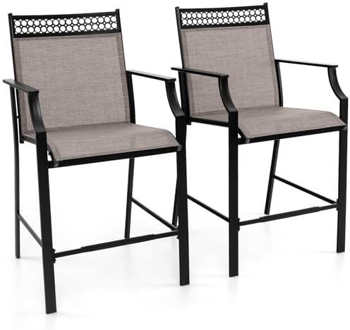 GOPLUS Trädgårdsstol set om 2, barstol barstol med högt ryggstöd, armstöd och fotstöd, balkongstol av metall som kan belastas upp till 180 kg, terrassstol, utomhus för trädgård balkong pool (brun)
