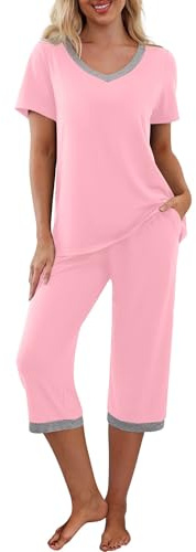 PrinStory Pyjamasset för kvinnor, sovkläder, lounge-kläder, kortärmad t-shirt, capribyxor, med fickor