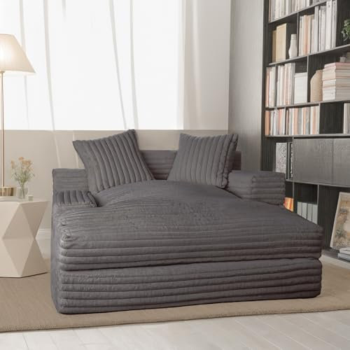 Schlafsofa Couch Cord Schlafsessel Big Sofa mit Schlaffunktion, 135*152*80cm Chaiselongue Bett Sessel mit Schlaffunktion Eckcouch für Wohnzimmer und Schlafzimmer Grau, Polstersofa mit 2 Zierkissen