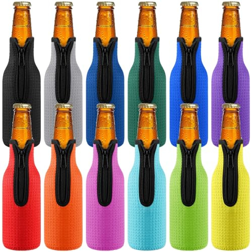 SiliFine 12 Pcs 12oz Beer Bottle Sleeve Insulators Beer Cooler Covers Zip-up Bottle Jackets Non-slip Neoprene Sleeves for 12 oz Beverage, Mix Colors
