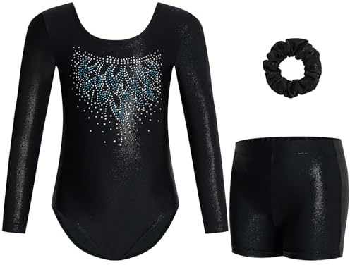 Gogokids Tredelade gymnastiktröjor för flickor, långärmad gymnastikset med shorts och pannband, glänsande dansklänning med gradient färgdesign för 3–12 år