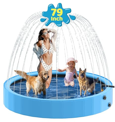 Raxurt Piscine pour Chien Pliable avec Sprinkler, Grande Piscine Chien 200cm Antidérapante en PVC avec Jet d’Eau pour Jardin et Extérieur