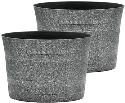 SG Traders Round Plastic Whisky Barrel Garden Pot Flower Pots Planter Tub Patio Pot Outdoor Traditional Barrel Brown with Silver Bands Garden Plant Pot Outdoors with Drainage Holes (Pack of 2)
