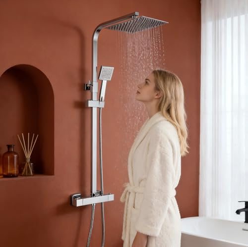 Columna de Ducha Termostática STANEW, Conjunto de Ducha, Cuarto de Baño, Columna de Ducha, Termostato con Mezclador Ajustable en Altura, Sistema de Ducha (Plata)