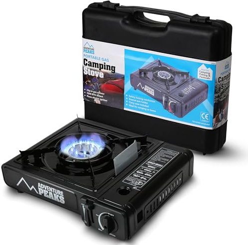 Adventure Peaks Portable Camping Gas Cooker Single Burner Stove Automatic Ignition System Enamel Pan Holder Butane BBQ Carry Bag Caravan Outdoor
