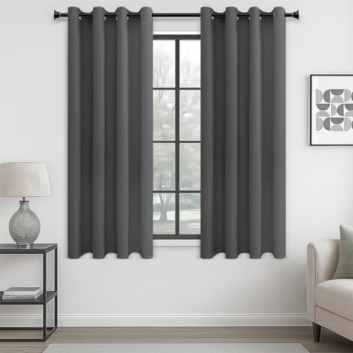 MRTREES Opaque Curtains, Thermal Curtains with Eyelets, Blackout Curtain, Eyelet Curtain, Short Modern Curtain, 160 x 140 cm (H x W), Dark Grey, Set of 2 for Living Room, Bedroom
