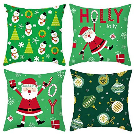 Homxi Weihnachten Kissenbezug 4 Pack,Kissenbezug Christmas 40x40cm,Weihnachtsmann Schneemann und Weihnachtskugeln Jolly,Dekokissen Polyester Grün Rot Weiß