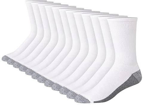 Hanes Mens Cushioned Socks, Available In 6, 8, And 12-packs Crew, White/Grey Foot Bottom - 12 Pack, 12-14 US