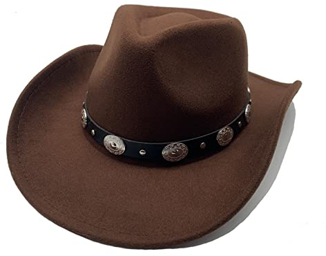 Cowboyhut Damen Herren Westernhut Fedora Hut Breiter Krempe mit Lederband (Braun)