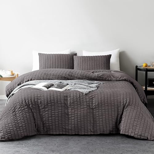 My home store Seersucker Charcoal Double Duvet Cover Set with 2 Pillowcases – Soft Breathable 3 Pcs Quilt Cover Polyester Cotton Bedding Set
