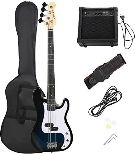 SPORTNOW Chitarra Basso Elettrico 4 Corde con Amplificatore 15W, Borsa, Tracolla e Plettri, Colore Blu Scuro