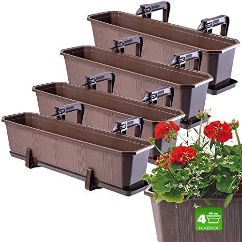 KADAX Set 4x60cm Blumenkasten Braun, Balkonkasten aus Kunststoff, Pflanzkasten für Blumen und Kräuter, Widerstandsfähiger Balkontopf, Pflanzkübel für Balkon