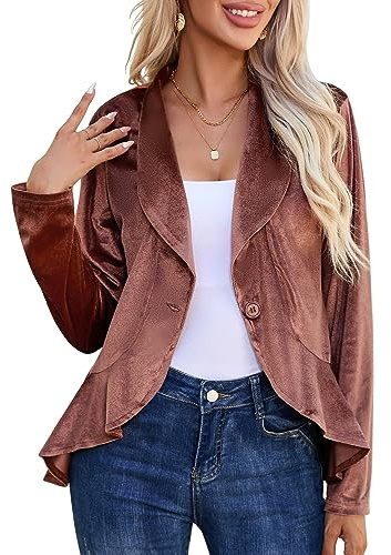 KOJOOIN Womens Long Sleeve Velvet Blazer Jacket Suit Open Front Ruffle Work Office Cardigan Coat Velvet-Brown 2XL