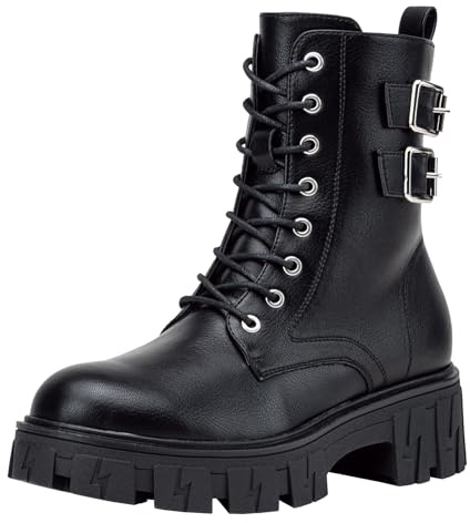 Vepose Women's 9612 Combat Boots, Platform Ankle Booties Lace up Lug Sole, Black, Size 7.5M US(CJY9612 Black 07.5)