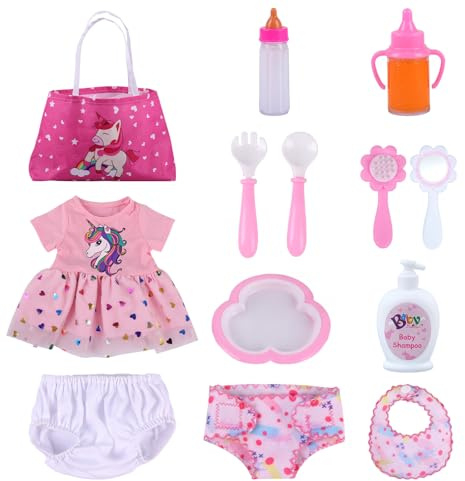 13 PCS Reborn Baby Doll Accessories and Clothes Playset for 17-20 Inch Dolls – Feeding & Caring Set with Diaper Bag, Magic Bottle, Pretend Play Gift for Girls Kids Birthday Christmas