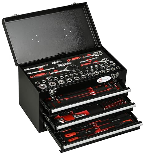 DURHAND Werkzeugkoffer 116-teilig Werkzeugset, Werkzeugkiste gefüllt, Werkzeugkasten mit Steckschlüssel, Ratschen, Griff, 3 Schubladen, Stahlgehäuse, Schwarz