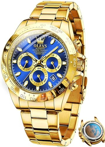 OLEVS Hommes Doré Bleu Montre Automatique MéCanique Automatique en Acier Inoxydable Lunette Lumineuse éTanche Montres De Luxe