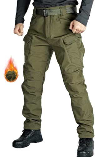 WINKEEY Pantalon de Travail Homme Pantalon Tactique Doublé en Polaire Softshell Imperméable Coupe-Vent, Vert Polaire M