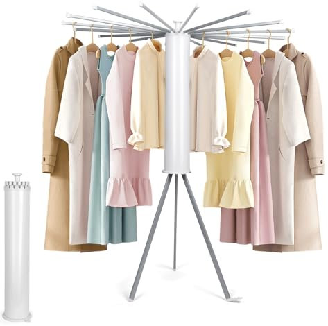 Minicoco Clothes Airer, Clothes Drying Rack Foldable, Laundry Drying Rack Indoor Outdoor, Tripod Clothes Horse Drying Racks with 16 Arms for Hangers, White