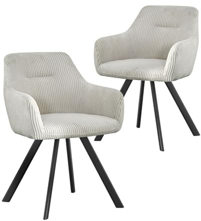B&D home® Esszimmerstühle Cyrus 2er-Set – Polsterstuhl mit Armlehnen, Cordstoff Hellgrau, stabiles Metallgestell schwarz, moderner Industrial-Look für Küche, Esszimmer & Wohnzimmer