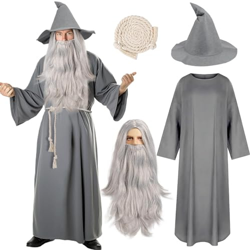 iZoeL Costume Mago Uomo Cosplay Stregone, Costume Carnevale/Halloween/Cosplay/Festa/Ballo in Maschera - Tunica da Mago Medievale Cintura Parrucche Lunga Grigia con Barba Cappello