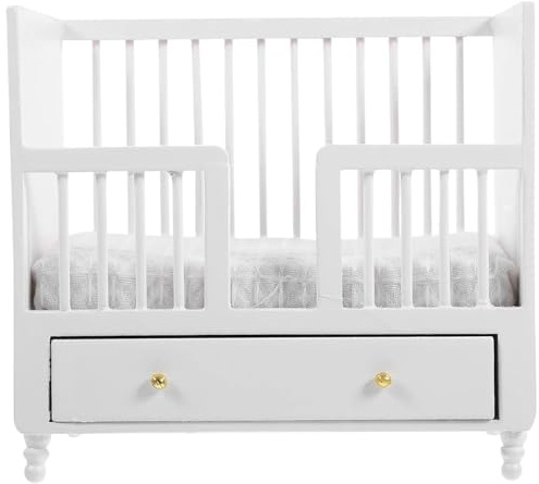 Dollhouse Crib, 1/12 Scale Wooden Dollhouse Bed Miniature Baby Crib Mini Furniture Baby Bed Model Nursery Accessories for Decor 1 12 Scale Accessories
