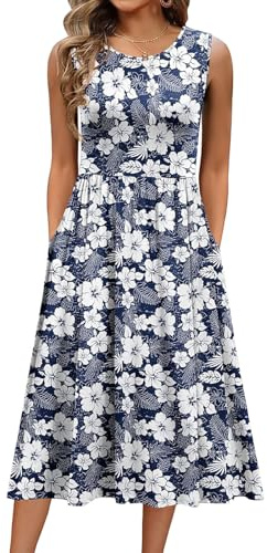 Vestidos Verano Mujer Sin Mangas Cuello Redondo Floral LíNea A LíNea Midi Swing Playa Vestido con Bolsillos(Azul Marino,XL)