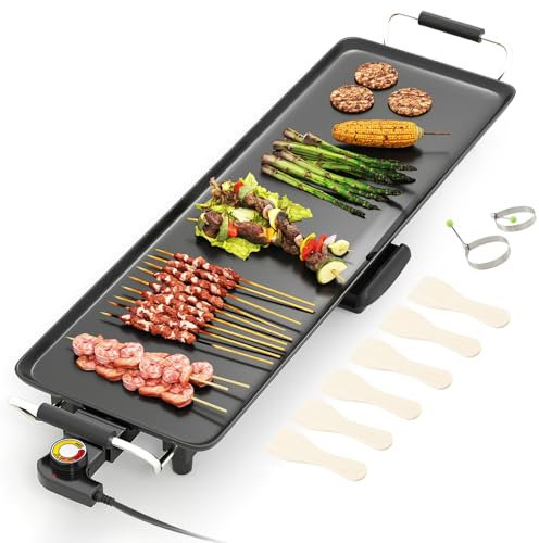 TANGZON Electric Teppanyaki Grill, 1800W Non-Stick Stamping Aluminum Barbecue Grill with Adjustable Temperature, 6 Spatulas & 2 Egg Rings, Portable Table Top BBQ Hot Plate Griddle (83x24cm)