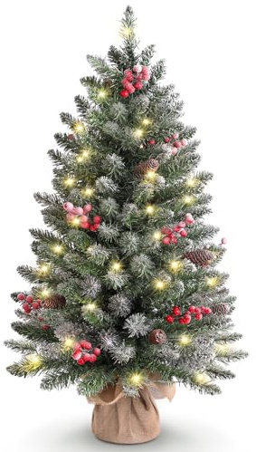 OasisCraft 90cm / 3ft Tabletop Pre-lit Mini Christmas Tree with 8-Modes LED Lights, Pine Cones, Berries & Snow Flocked, Xmas Artificial Tree for Home, Office Desk, Small Space