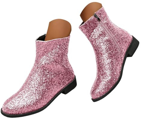 Botines con purpurina para mujer, tacón grueso, con cuña brillante, puntera redonda, cremallera lateral, elegantes, cómodos, casuales, ligeros, cálidos, para boda, botas de novia, B 1 Rosa, 39 EU