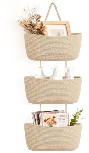 Dahey Over The Door Hanging Basket 3-Tier Woven Boho Wall Mounted Storage Organizer with Hooks for Bedroom Nursery Bathroom Apartments Dorm Pantry Decor, Jute