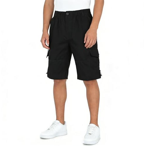 LY4U Pantalones Cortos Cargo de Verano para Hombre, 100% Algodón, Ajuste Holgado, Cintura Elástica, Multi-Bolsillos, Pantalones Cortos Transpirables para Senderismo, Pesca, Camping y Uso Casual