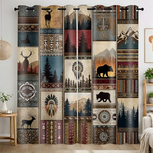 RASEONG Rustic Cabin Woodland Blackout Curtains 84 Inches Long 2 Panels for Living Room Bedroom Brown Patchwork Southwestern Forest Bear Deer Patterned Decorative Grommet Window Drapes, 42x84