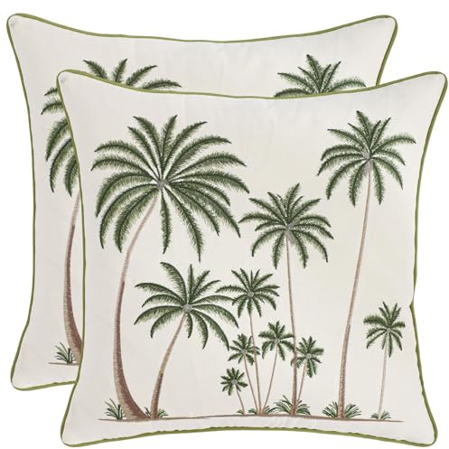 Tosleo Juego de 2 fundas de cojín de verano de 45 x 45 cm con bordado verde tropical de palmeras bohemias para sofá, dormitorio, granja, sala de estar, decoración