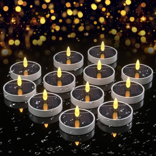 Velas LED Solares de Té para Exterior, Pack de 12 Velas LED Solares Impermeables Sin Llama con Sensor Crepuscular, Luces Solares para Farol de Exterior, Jardín, Camping, Decoración de Terraza y Jardín
