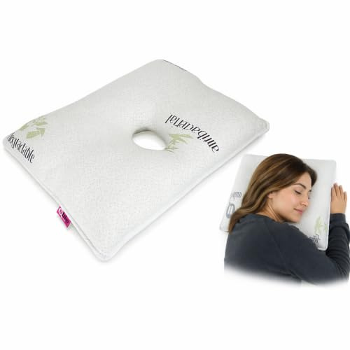 Ubio Almohada Condrodermatitis, Cojín Antiescaras Oreja, Funda Bambú Transpirable y Antibacterias, Almohada Ergonómica 50x42x11cm, Orifico Central, Alivia la Presión en la Oreja, Fabricado en España