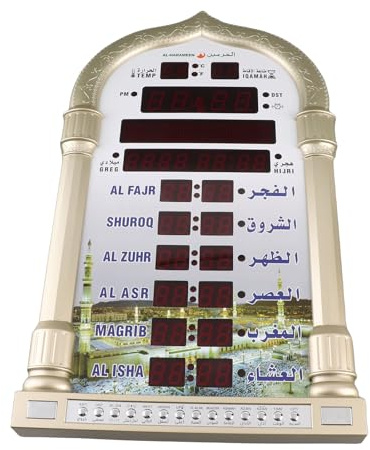 Reloj de Pared Islámico Musulmán con Calendario, Pantalla Digital, Azan de Mezquita, Música de Oración, Tiempo de Oración Mundial, 110v-240V