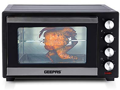 GEEPAS 38L Mini Oven & Grill | Electric Oven with Rotisserie Baking Roasting Grilling | 1600W Temp Control 100–230°C Double Glass Door 60min Timer Auto Shut Off Bell | Compact for Dorm Caravan Kitchen