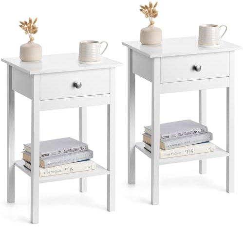 CHRISTOW Pair of White Bedside Table With Shelf & Drawer Bedroom Nightstand 60cm x 40cm x 30cm