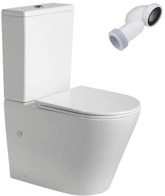 Wc Inodoro Completo Redondo | Inodoro Tanque Bajo con Cisterna y Asiento Extrafino | Adosado a Pared Fondo Reducido con Salida Dual y Sistema Rimless (Wc Blanco)