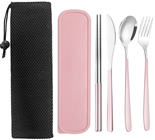 Stainless Steel Cutlery Set with Case, TWUTGAYW Portable Travel Lunch Utensils, Reusable Fork Spoon Knife Chopsticks Set for Office School Travel Camping Picnic Adults Daily Use (Pink, Silvery)