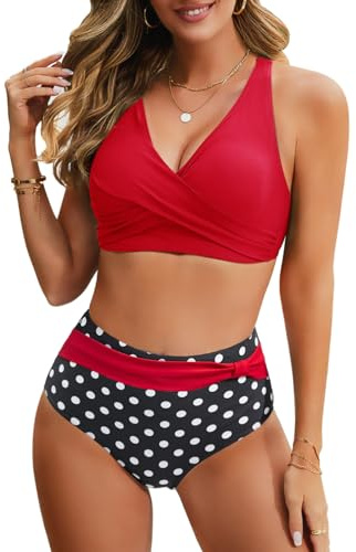 Nadeer Bikinis dam push up bikini set hög midja sexig V-ringad baddräkt badkläder strandkläder toppar och trosor, Röd röd, S