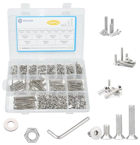 WZHUIDA 1080 Stück M3 Schrauben Muttern und Unterlegscheiben Sortiment Set, 6mm-50mm, Edelstahl Senkkopfschrauben mit Innensechskant Schrauben Muttern Set mit Schraubenschlüsseln