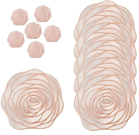 Fanquare Juego de 6 Salvamantel y Posavasos Rosa Manteles Individuales Tejidos de PVC Oro Rosa Flor de Dorado Hueca Antideslizantes Lavables para Comedor Mesas 38cm