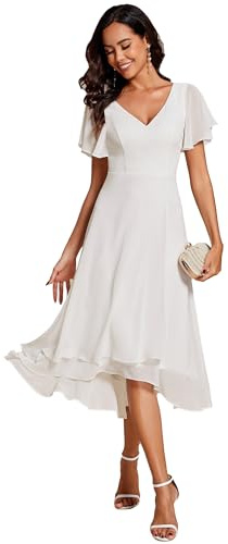Ever-Pretty Robe Témoin de Mariage Asymétrique High Low Col V Manches Volantées Mousseline Midi Taille Empire Belle Robe Soirée Chic Blanc 42